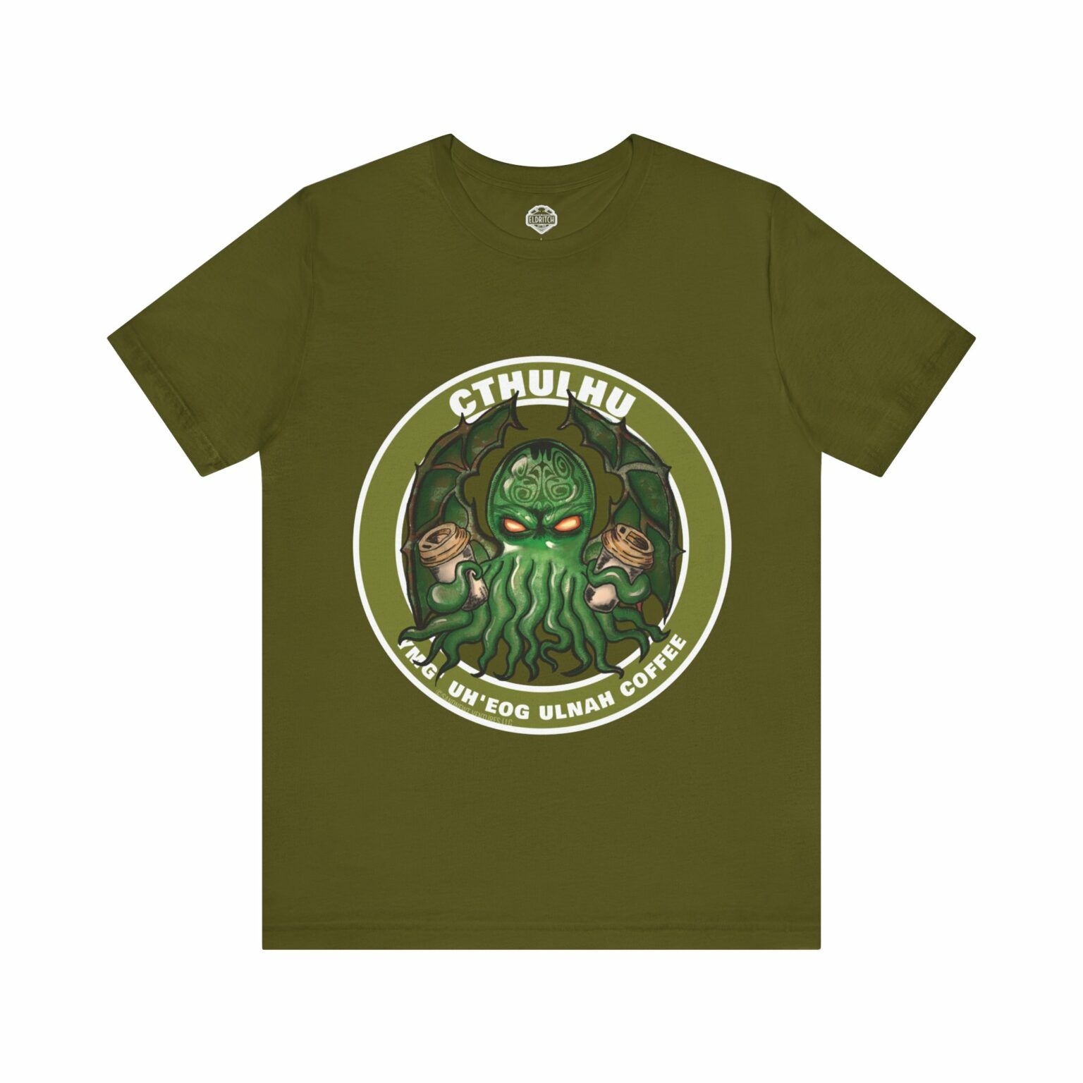 T-Shirt with graphic of Cthulhu Demanding Coffee in alien language